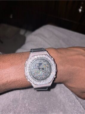Iced Out Casio G-Shock Dial Men's Watch with Crystal-Studded Bezel